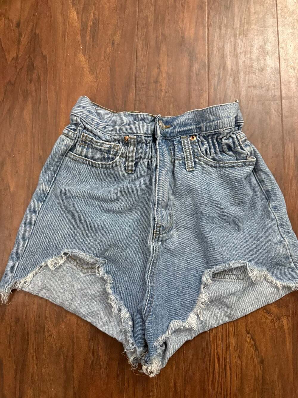 Fashion Nova Paperbag Denim Shorts Size XS Blue Distressed Raw Hem